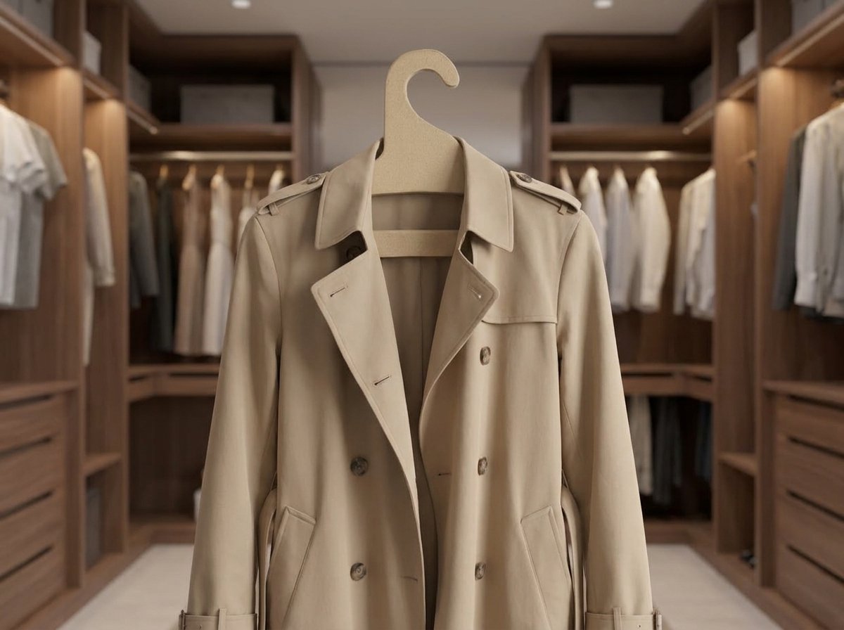Gancho adulto de cartón kraft resistente sosteniendo abrigo trench beige, ángulo 3/4, diseño con barra inferior