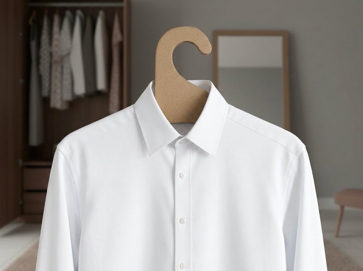 Gancho adulto de cartón kraft con forma de marco triangular, sosteniendo camisa blanca de vestir, vista frontal