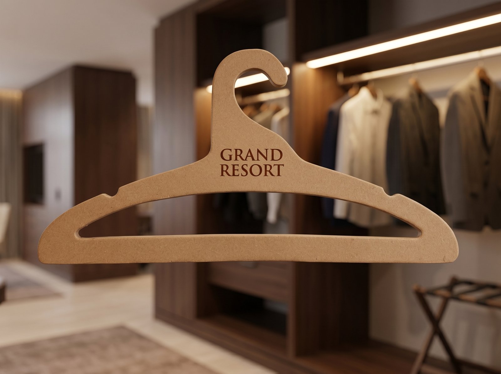 Gancho adulto de cartón tipo madera con logotipo Grand Resort, textura kraft lisa para hoteles y sastrerías