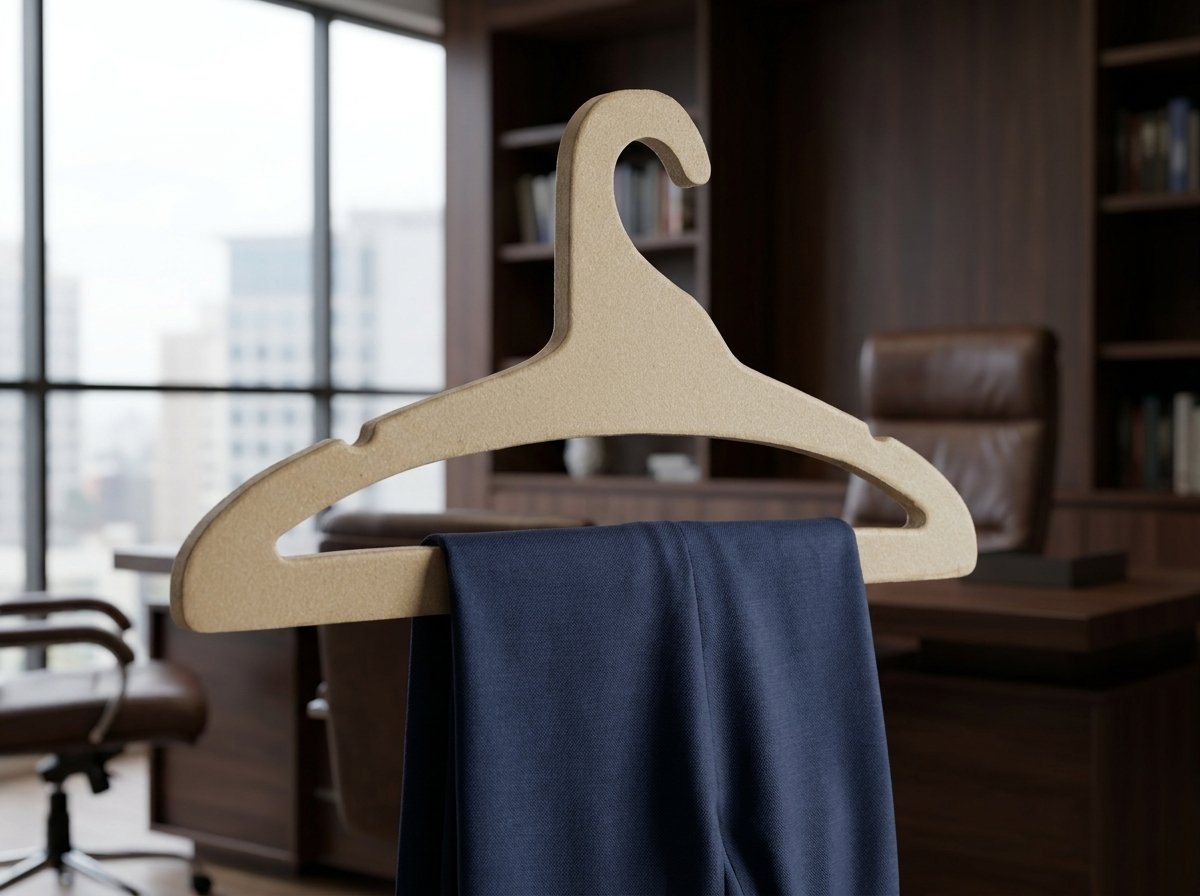Gancho adulto de cartón kraft con barra inferior sosteniendo pantalón de vestir azul, vista lateral perfil