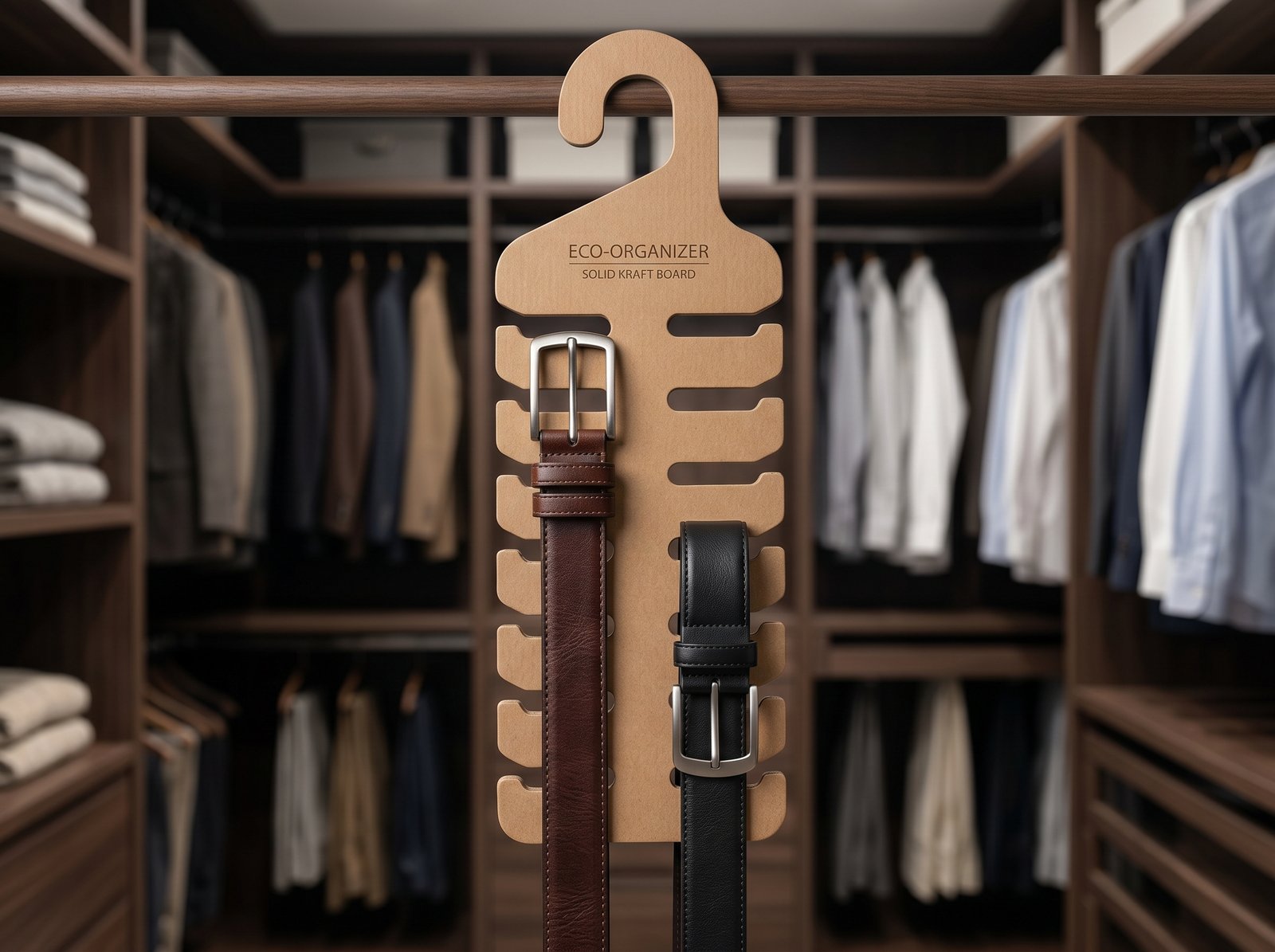 Gancho organizador para cinturones de una sola pieza de cartón tipo madera color kraft, sosteniendo cinturones de cuero sin partes metálicas, ecológico