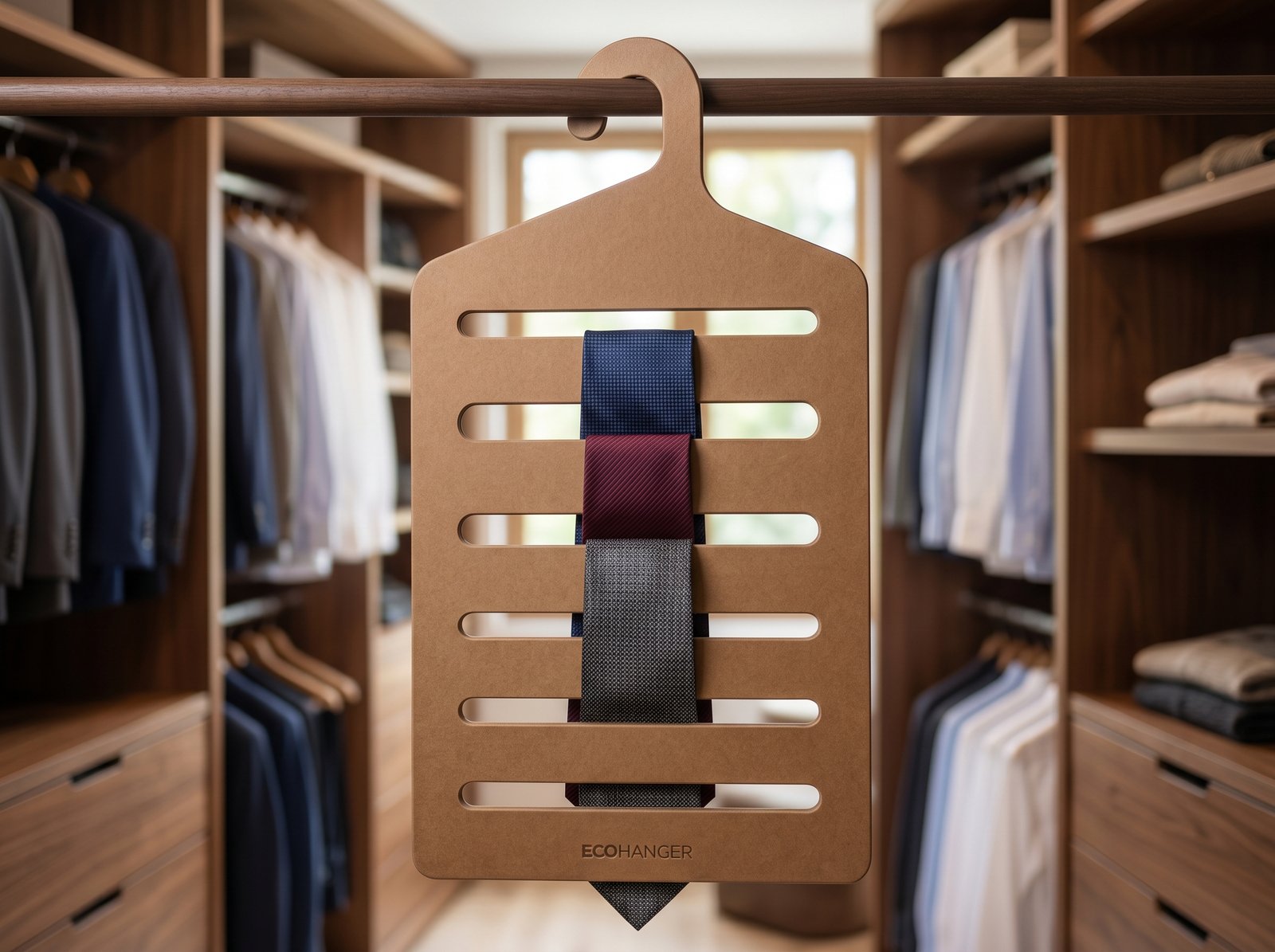 Gancho para corbatas de una sola pieza de cartón tipo madera color kraft, gancho integrado sin metal, ecológico