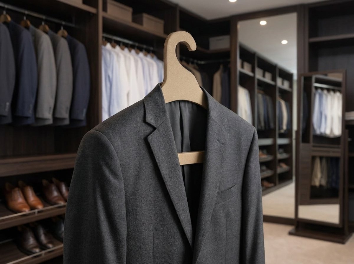 Gancho formal de adulto modelo Functional de cartón kraft con barra inferior recta para pantalones, sosteniendo saco de traje gris