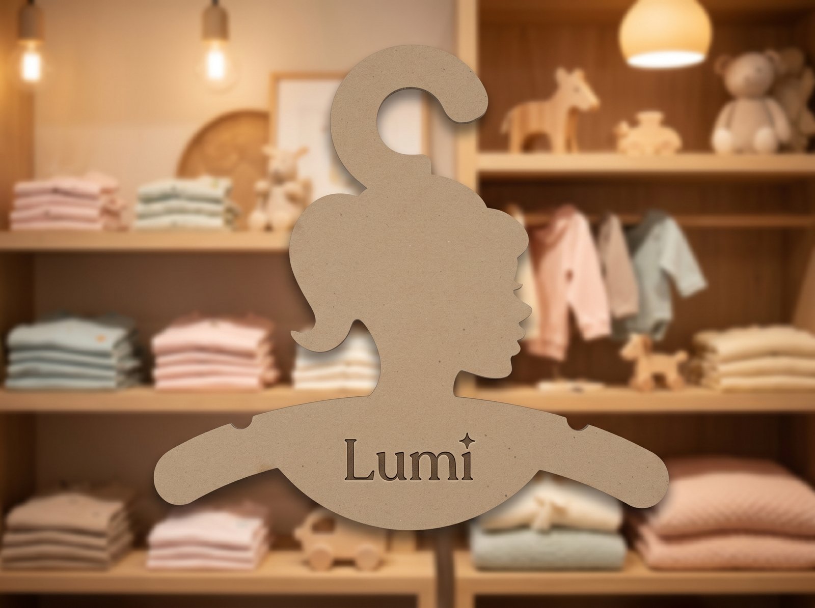 Gancho infantil de cartón tipo madera color kraft con logotipo de marca ficticia Lumi, textura lisa sin corrugado, para boutiques y tiendas