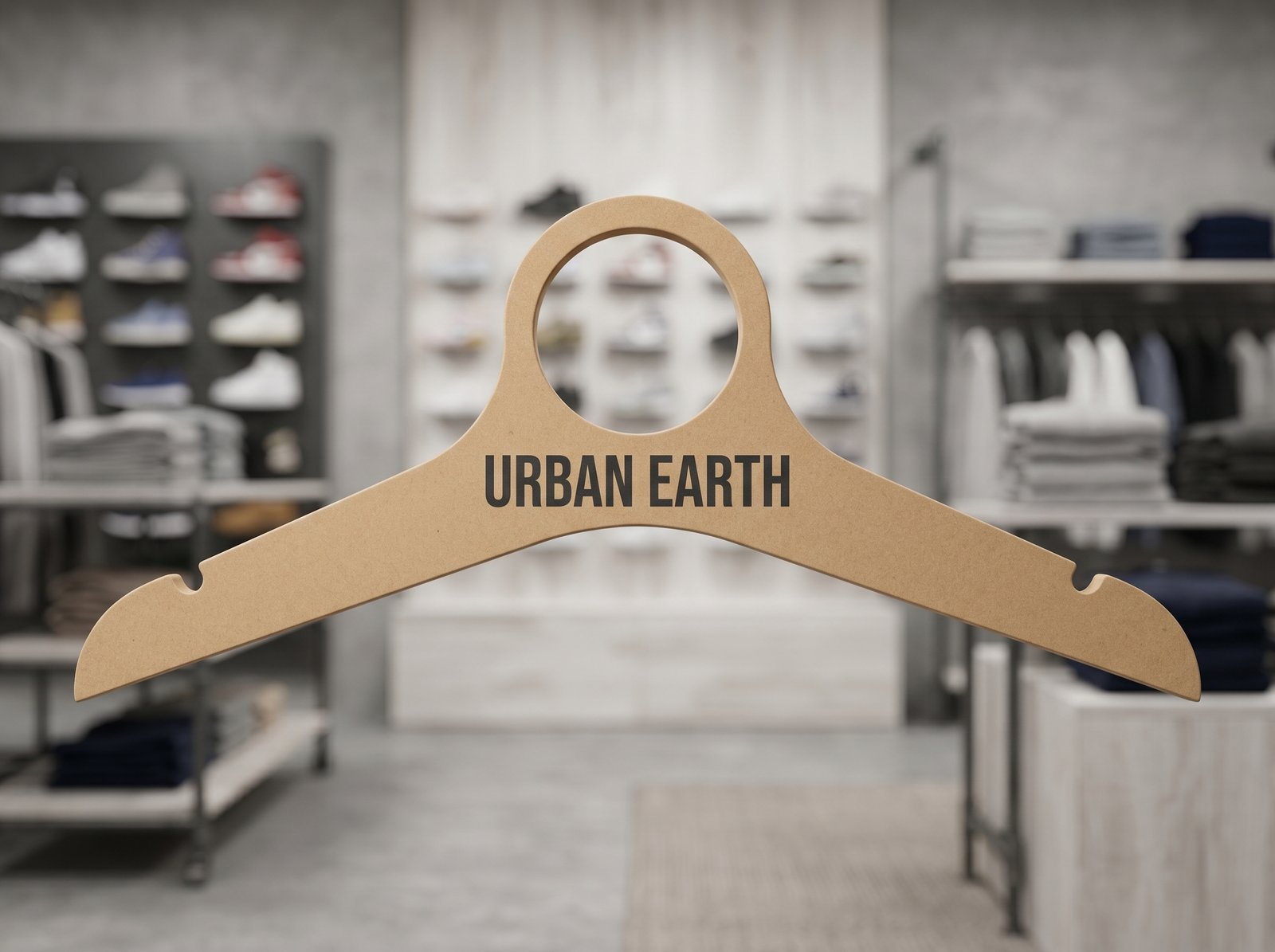 Gancho juvenil de cartón tipo madera con logotipo Urban Earth, textura kraft lisa para boutiques modernas