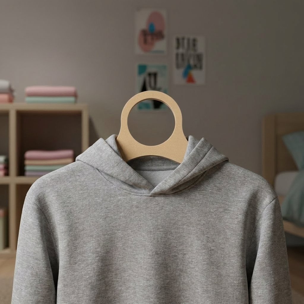 Gancho juvenil minimalista de cartón tipo madera color kraft sosteniendo una sudadera gris, diseño circular ecológico sin plástico