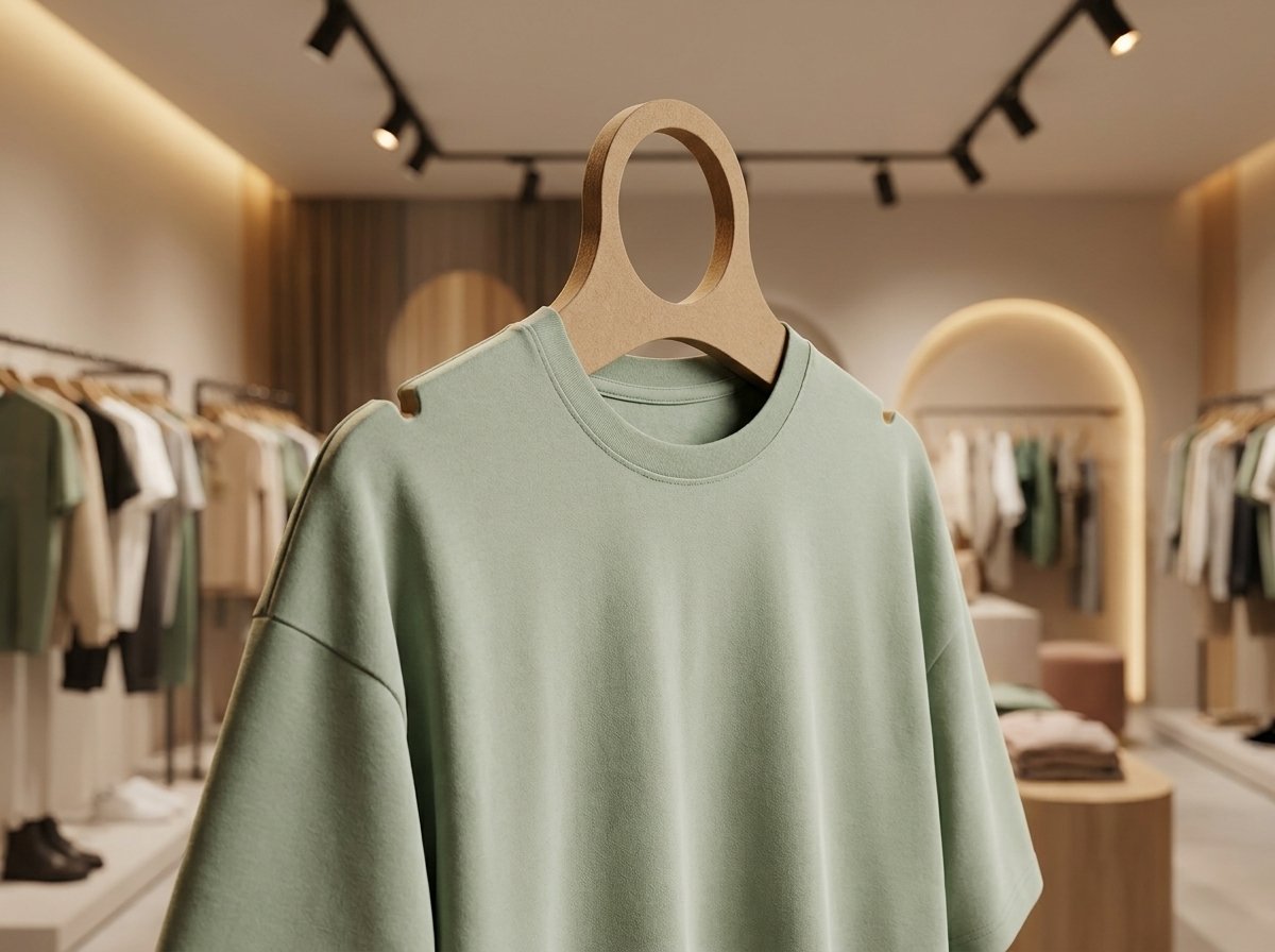 Gancho juvenil minimalista de cartón kraft con aro central sosteniendo una playera oversize verde, diseño ecológico con muescas antideslizantes