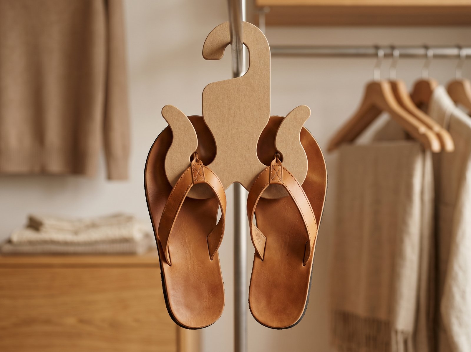 Gancho para sandalias de cartón tipo madera color kraft, diseño die-cut sin pinzas para sostener chanclas y calzado, textura lisa ecológica