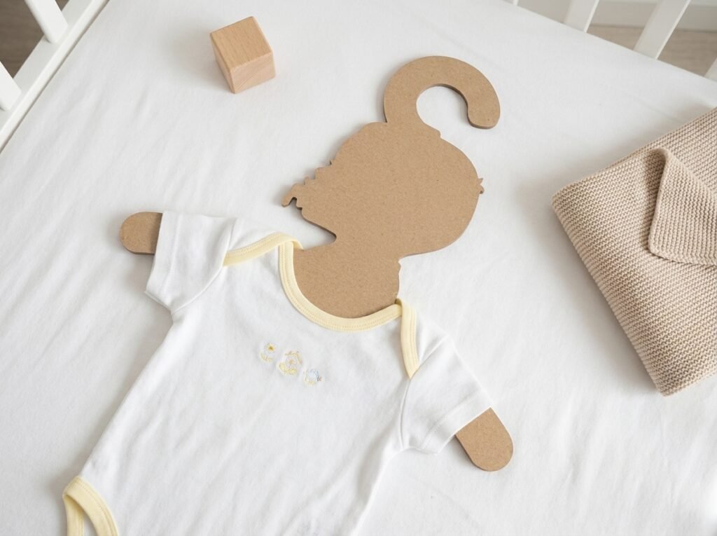 Vista aérea de gancho de cartón tipo madera para bebé con ropa infantil, textura kraft natural, fotografía cenital de producto ecológico