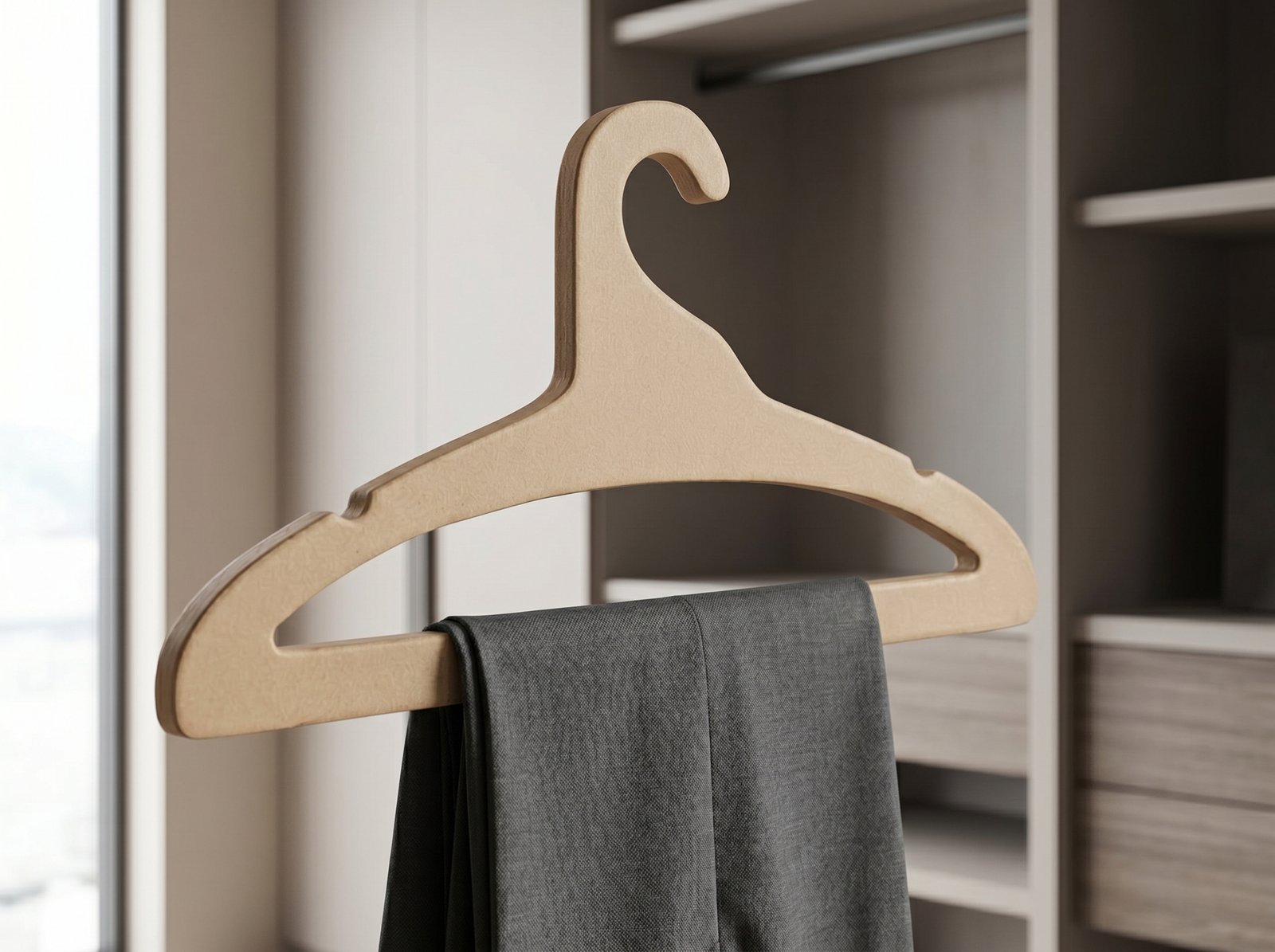 Gancho formal de cartón tipo madera con barra de soporte para pantalones, textura kraft sin corrugado, diseño ecológico resistente para ropa de adulto