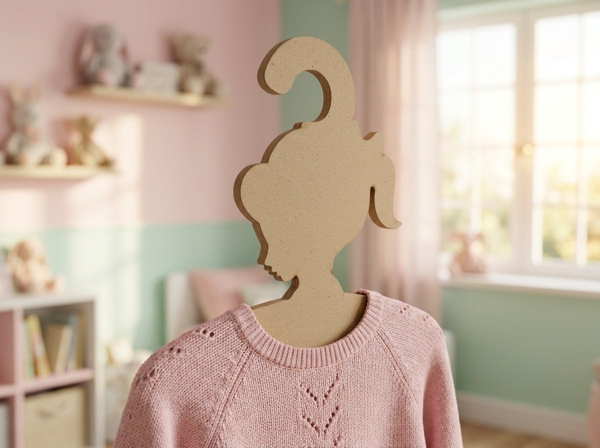 Gancho ecológico de cartón tipo madera color kraft con forma de niña para ropa infantil, resistente y biodegradable, hecho en México