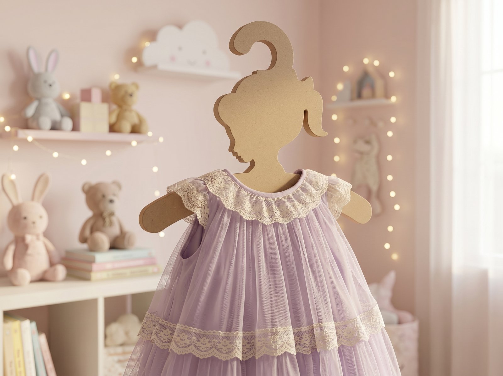 Gancho infantil de cartón tipo madera con forma de silueta de niña para vestidos de niña, textura kraft natural sin corrugado, diseño ecológico y resistente