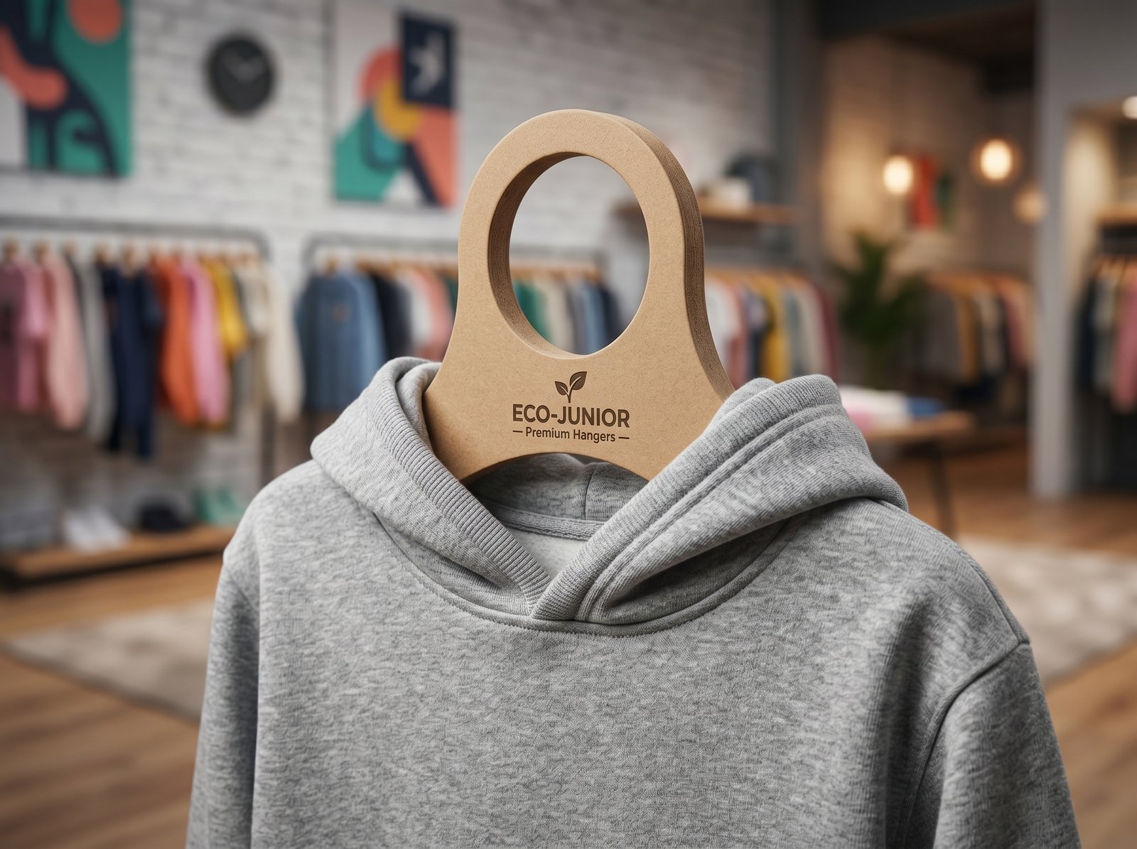 Gancho juvenil de cartón tipo madera con logotipo de marca, sosteniendo una sudadera gris ajustada naturalmente, textura kraft sólida sin corrugado