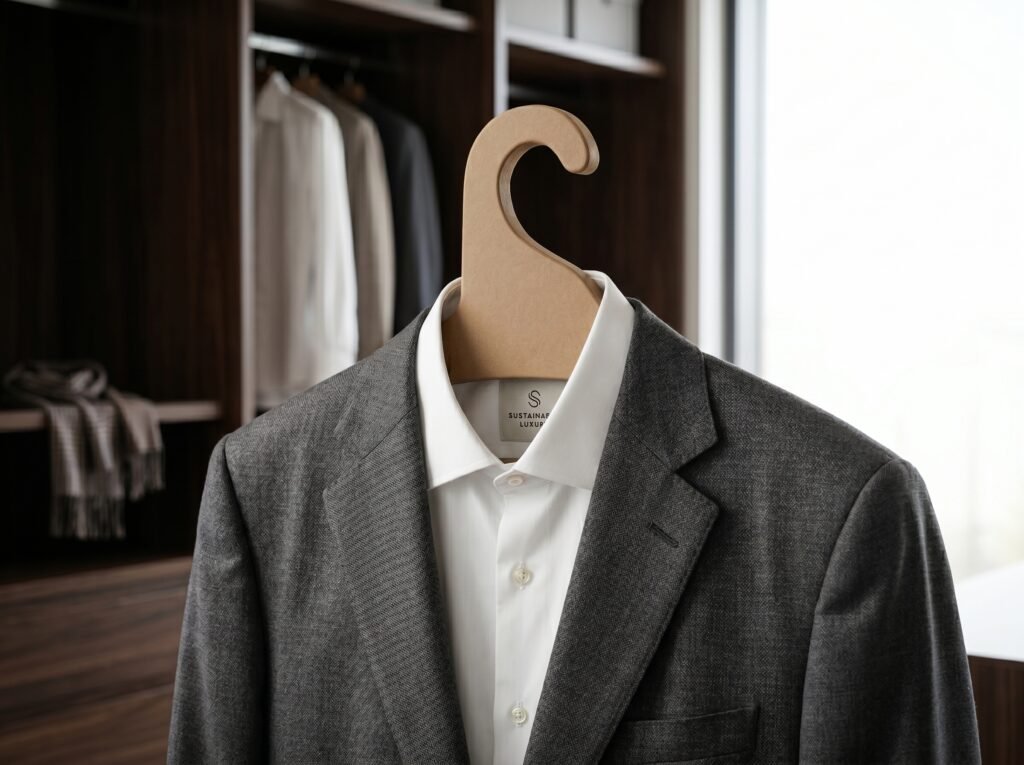 Gancho formal de cartón tipo madera color kraft para trajes y camisas de adulto, textura lisa sin corrugado, diseño ecológico resistente para ropa elegante