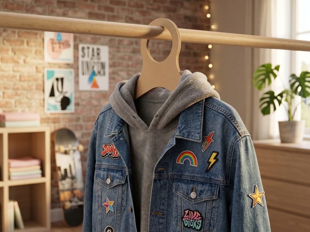 Gancho juvenil de cartón tipo madera color kraft con diseño moderno para ropa de adolescentes, resistente y ecológico, con chamarra denim y hoodie