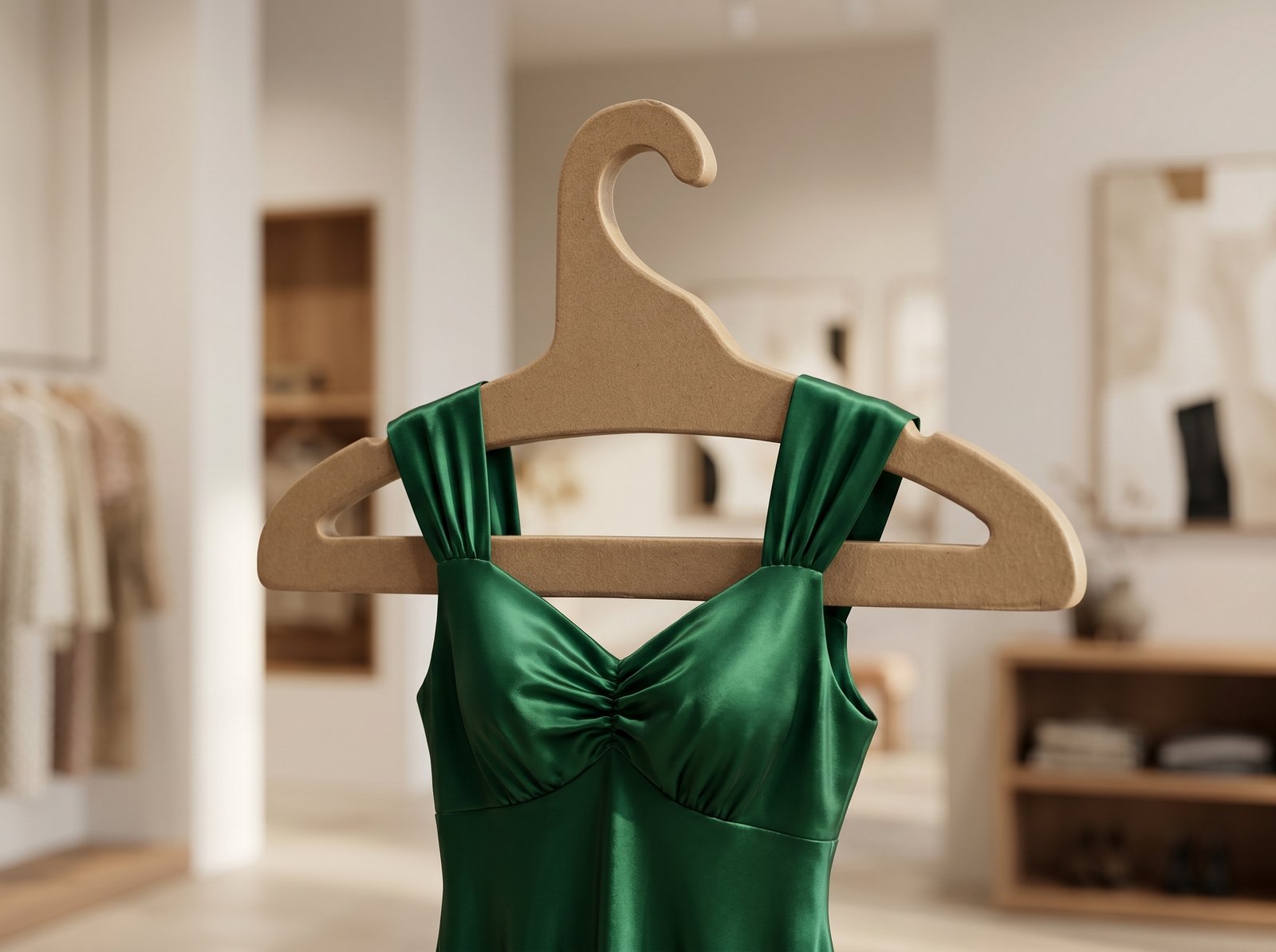 Gancho de adulto de cartón tipo madera color kraft sosteniendo vestido de noche verde esmeralda, textura lisa sin corrugado, ecológico y resistente