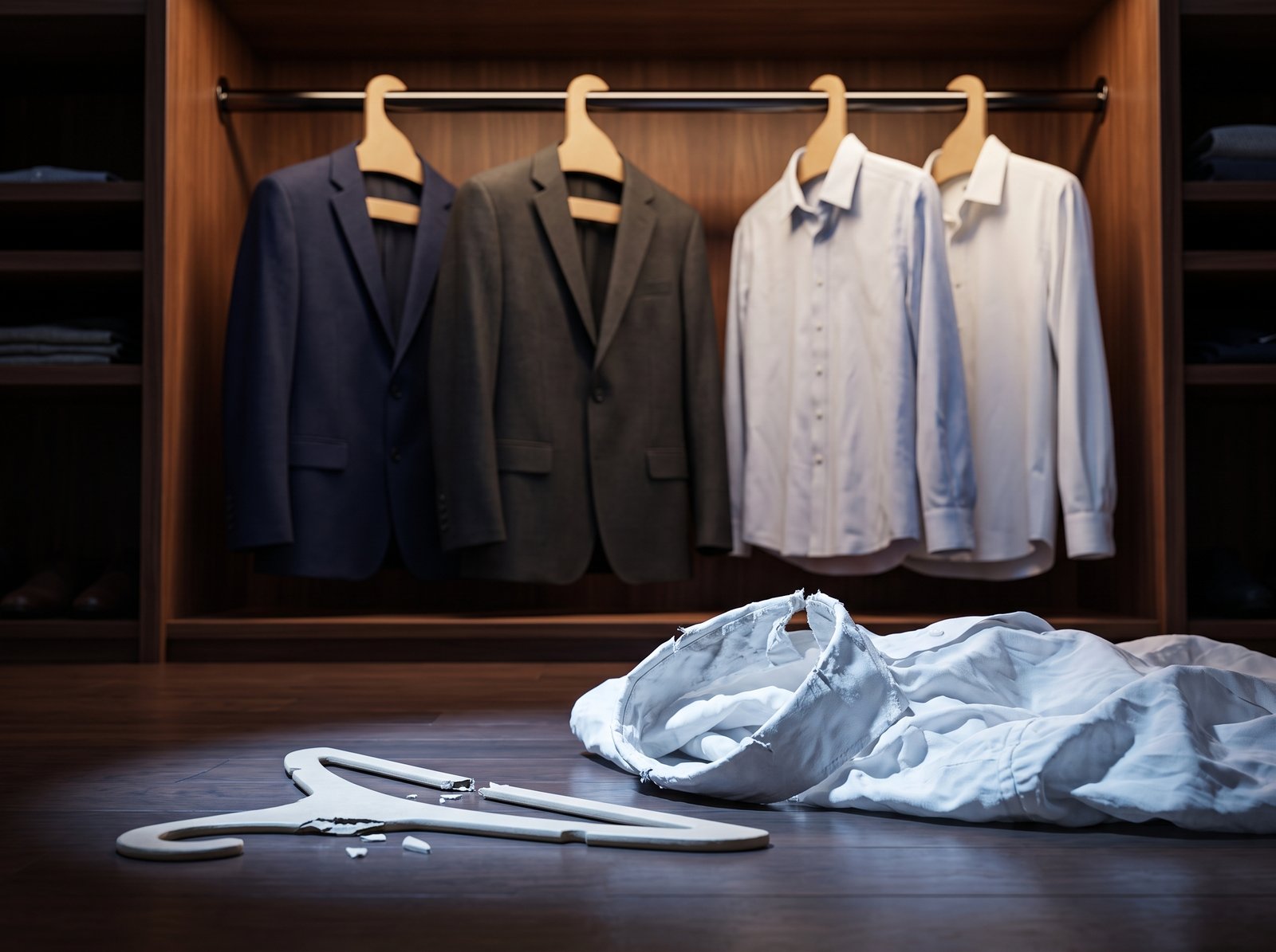 Gancho de plástico roto en el suelo junto a una camisa dañada, contrastando con ganchos ecológicos de cartón comprimido organizados en el clóset.