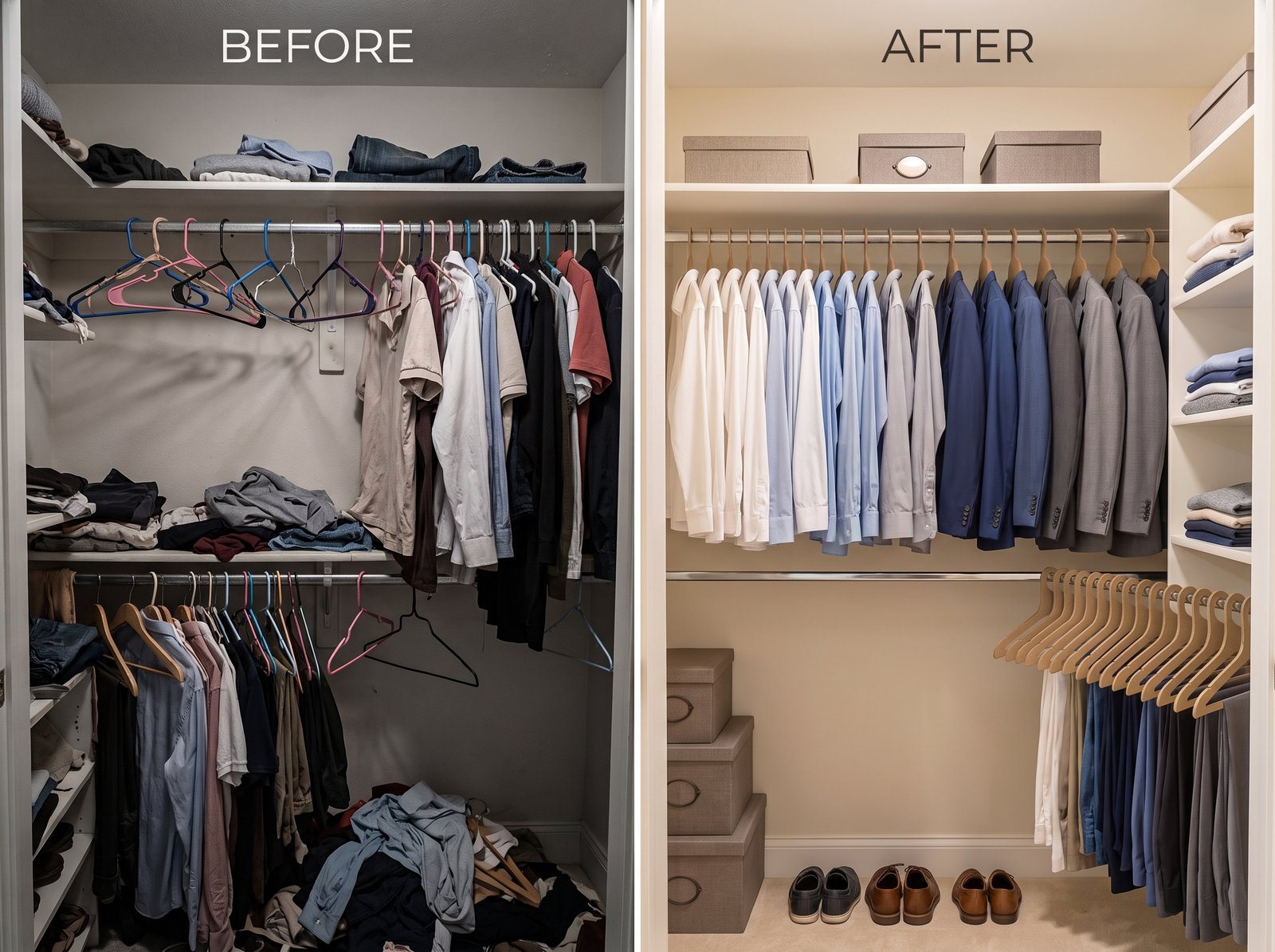 Comparación antes y después: clóset desordenado con ganchos mixtos rotos versus clóset organizado con ganchos ecológicos uniformes de cartón comprimido.