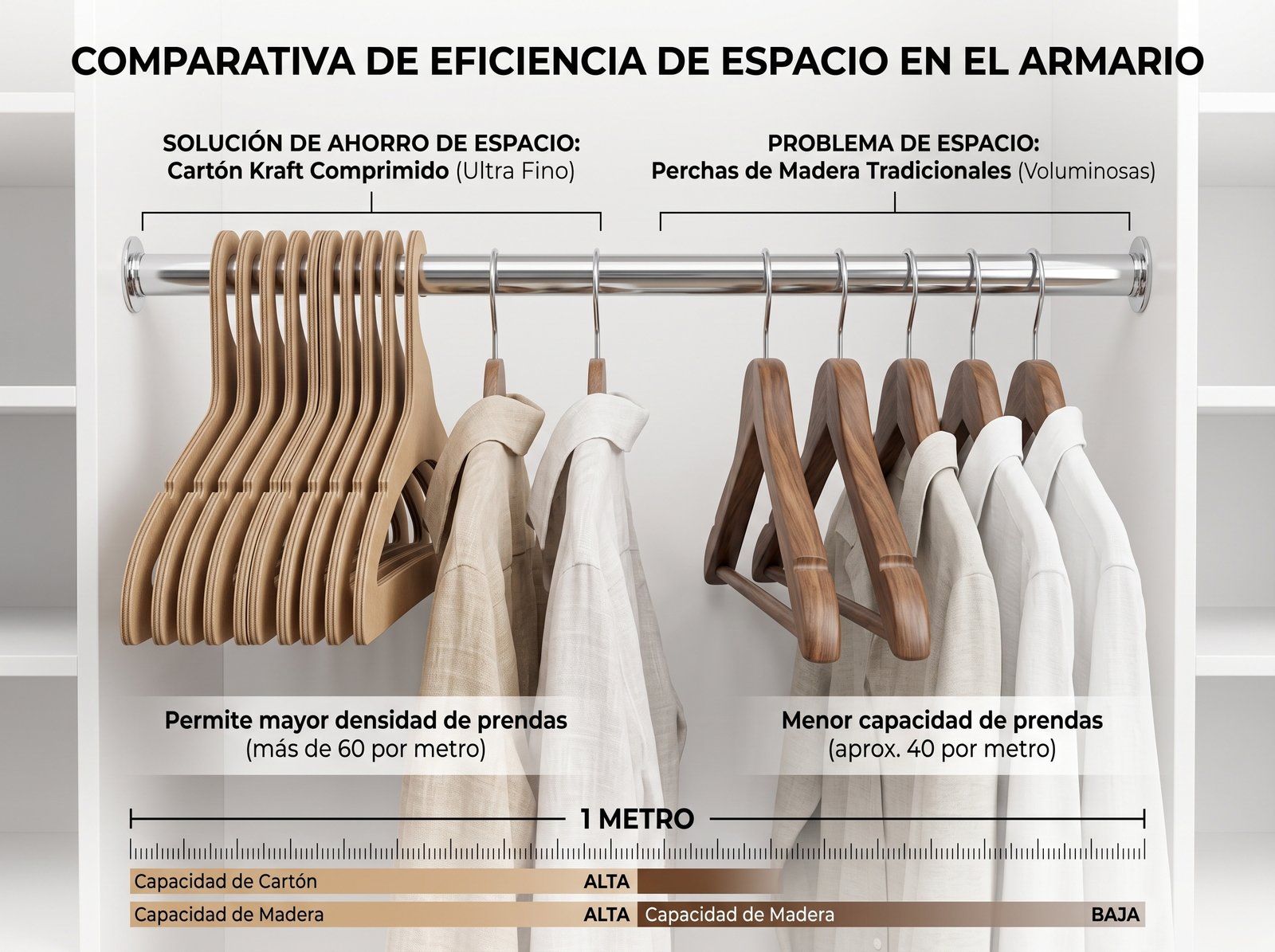 Comparación lateral mostrando cómo los ganchos delgados de cartón comprimido permiten más prendas por metro de barra que los ganchos de madera voluminosos.