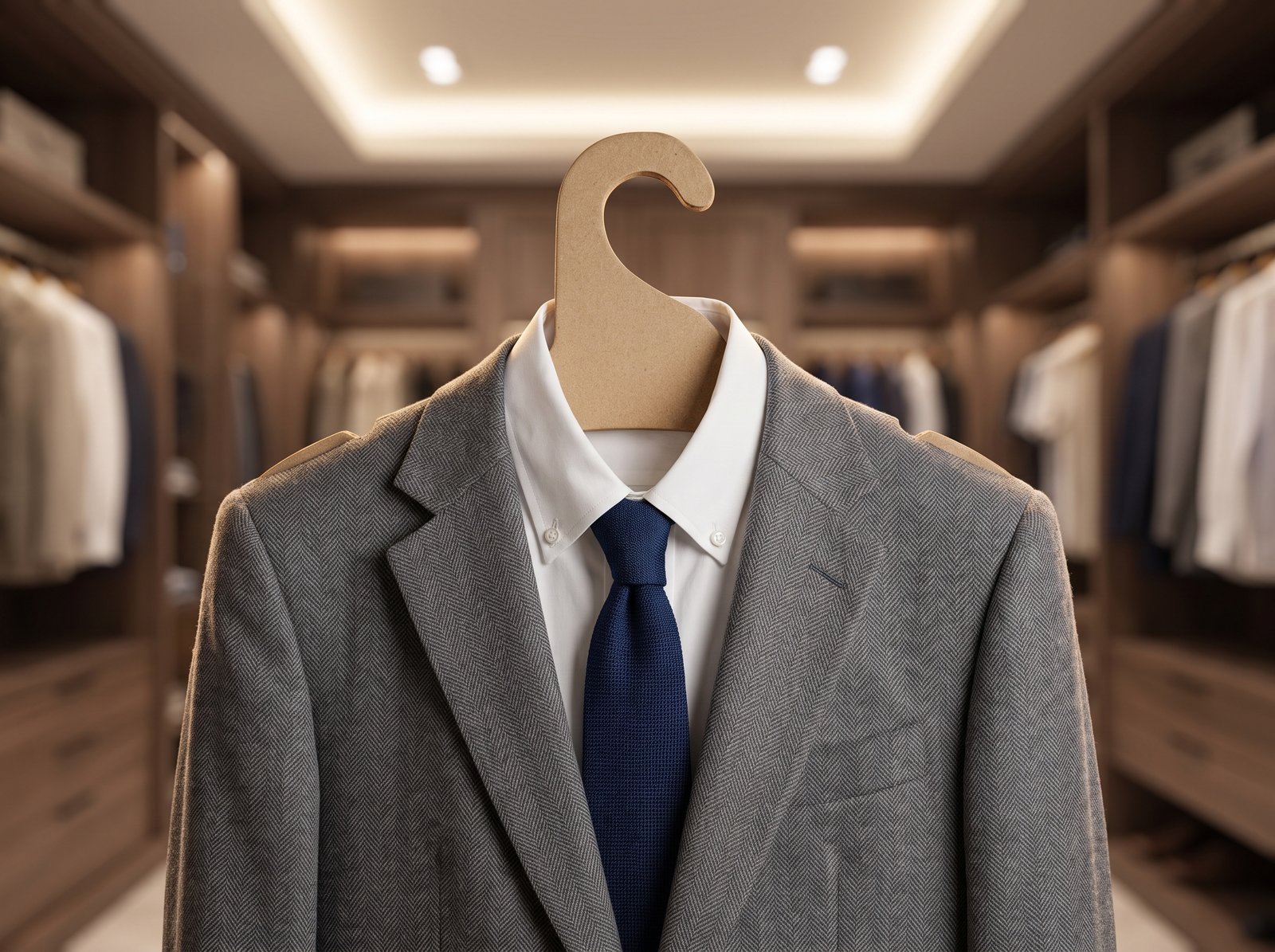 Gancho ecológico de cartón comprimido sosteniendo un outfit completo formal, representando la elección inteligente y sostenible.