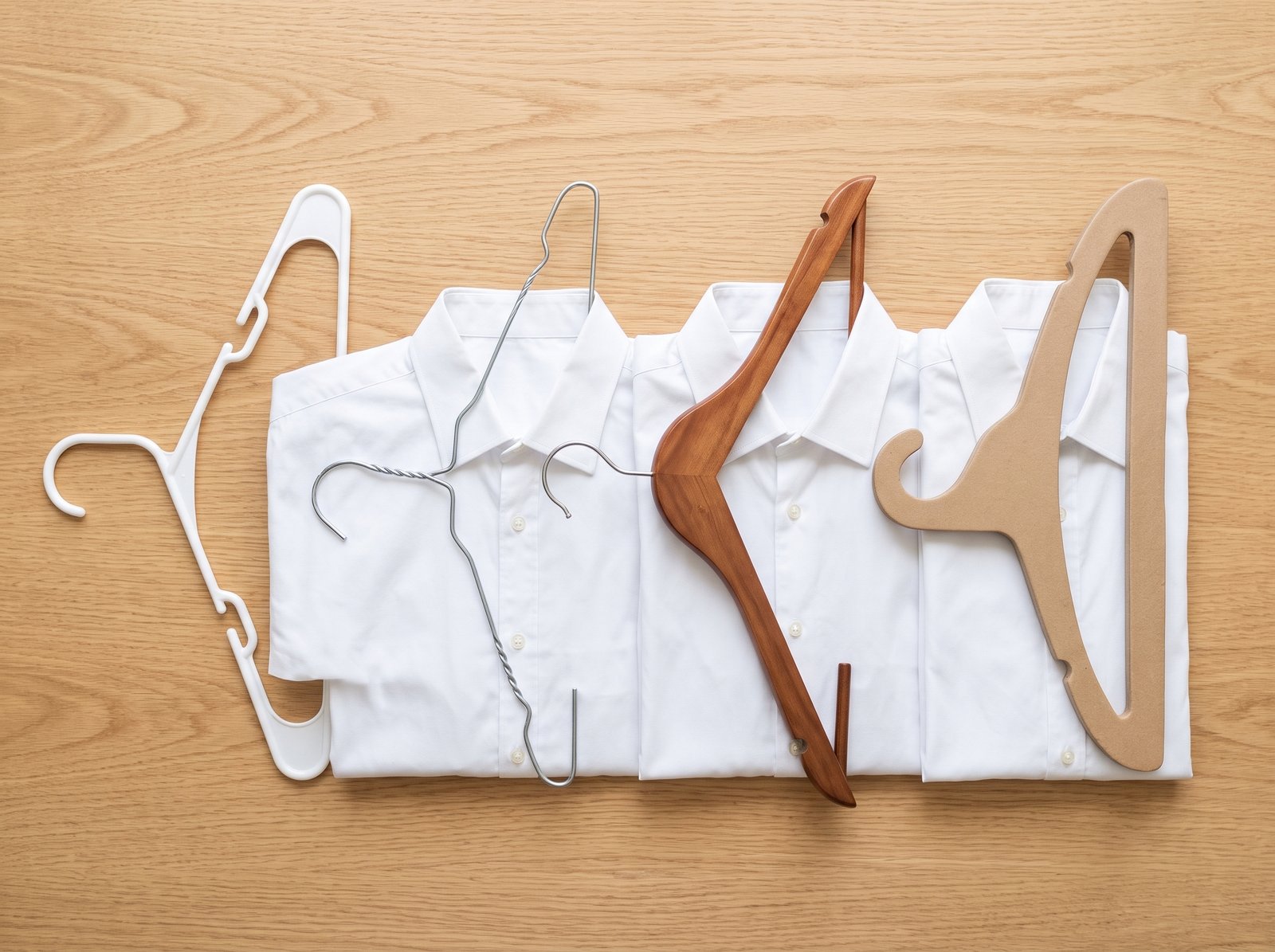 Comparación de cuatro tipos de ganchos para ropa: plástico, metal, madera y cartón comprimido ecológico, cada uno con una camisa blanca.