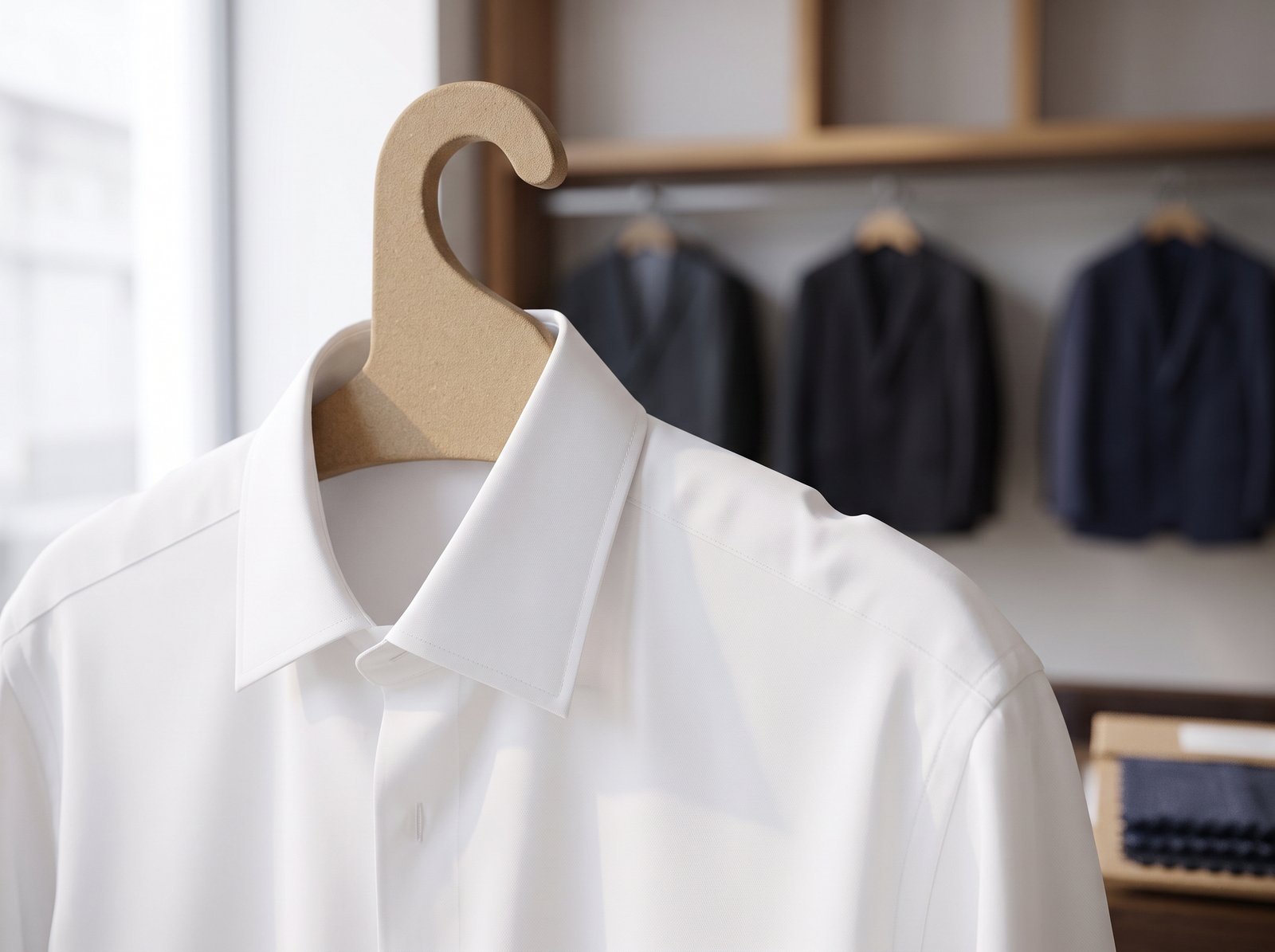 Camisa blanca perfectamente colocada en gancho de cartón comprimido, sin marcas ni deformaciones en los hombros.