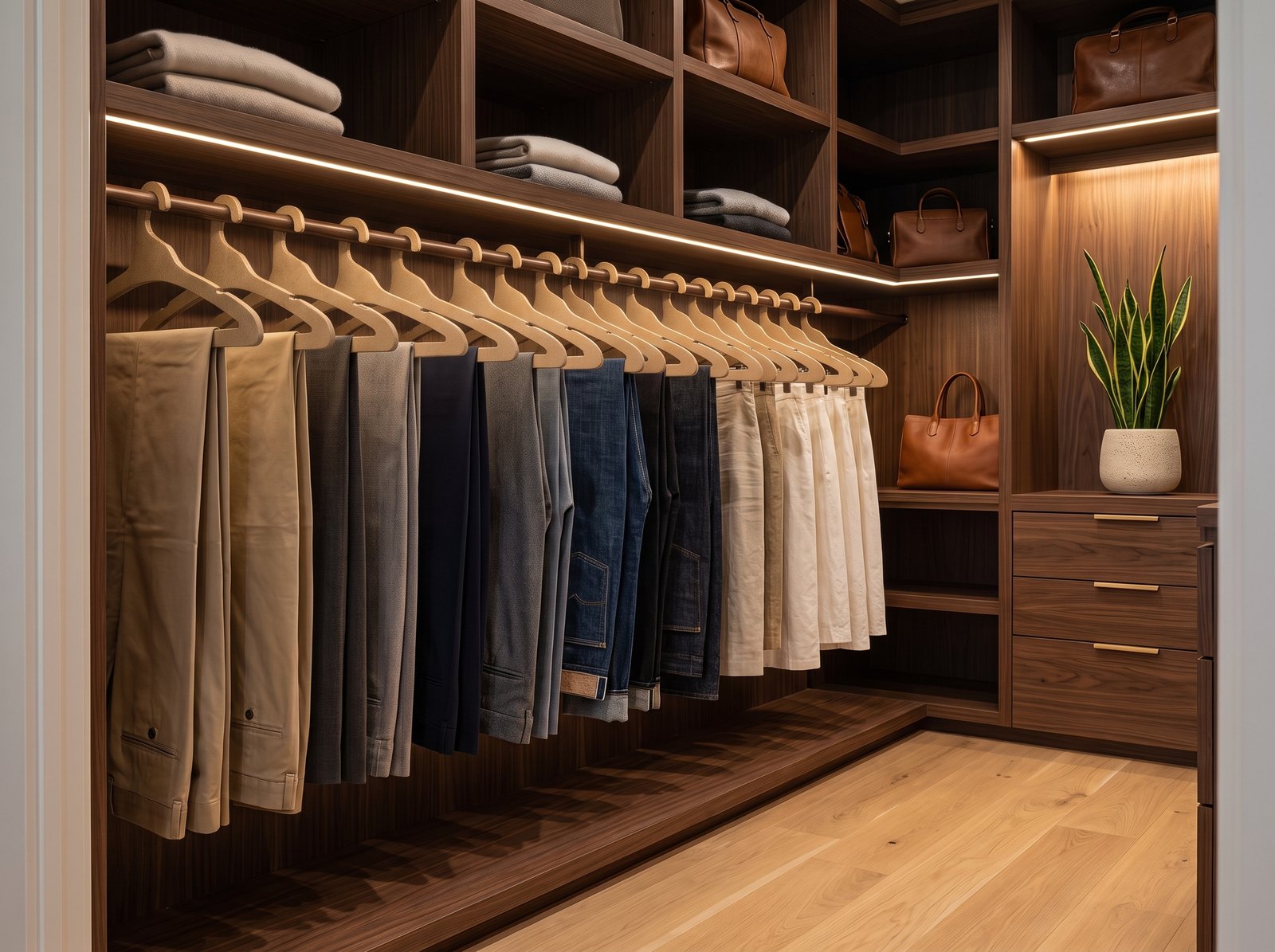 Clóset amplio y organizado con pantalones colgados en ganchos ecológicos de cartón comprimido, estilo minimalista y sostenible.