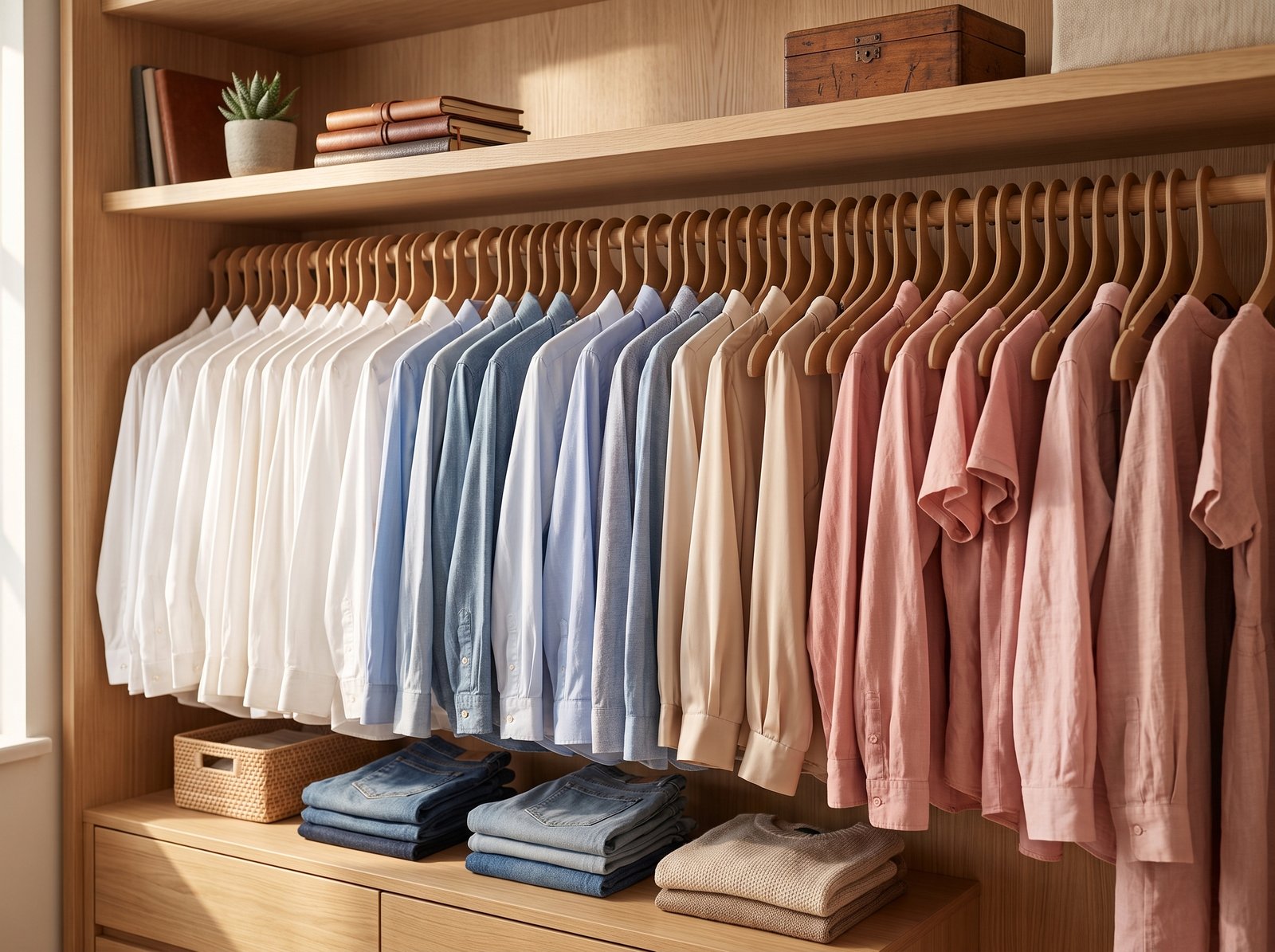 Clóset organizado con múltiples ganchos ecológicos de cartón comprimido mostrando diferentes camisas de colores, aprovechando al máximo el espacio.