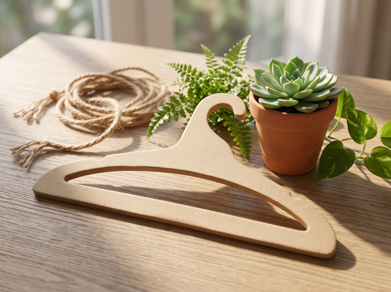 Gancho ecológico de cartón comprimido sobre mesa de madera natural con plantas verdes, representando sostenibilidad y conciencia ambiental.