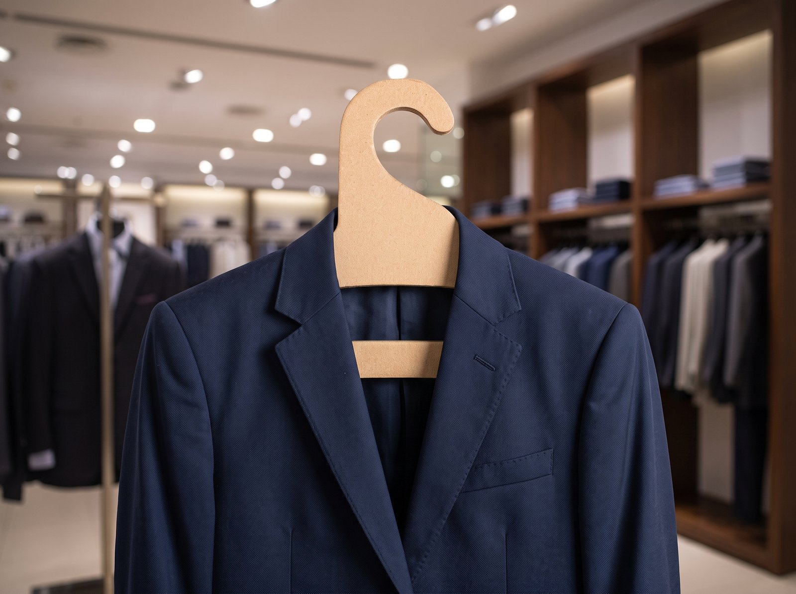 Gancho ecológico de cartón comprimido con blazer azul marino en una boutique moderna, mostrando su estética premium para exhibición comercial.