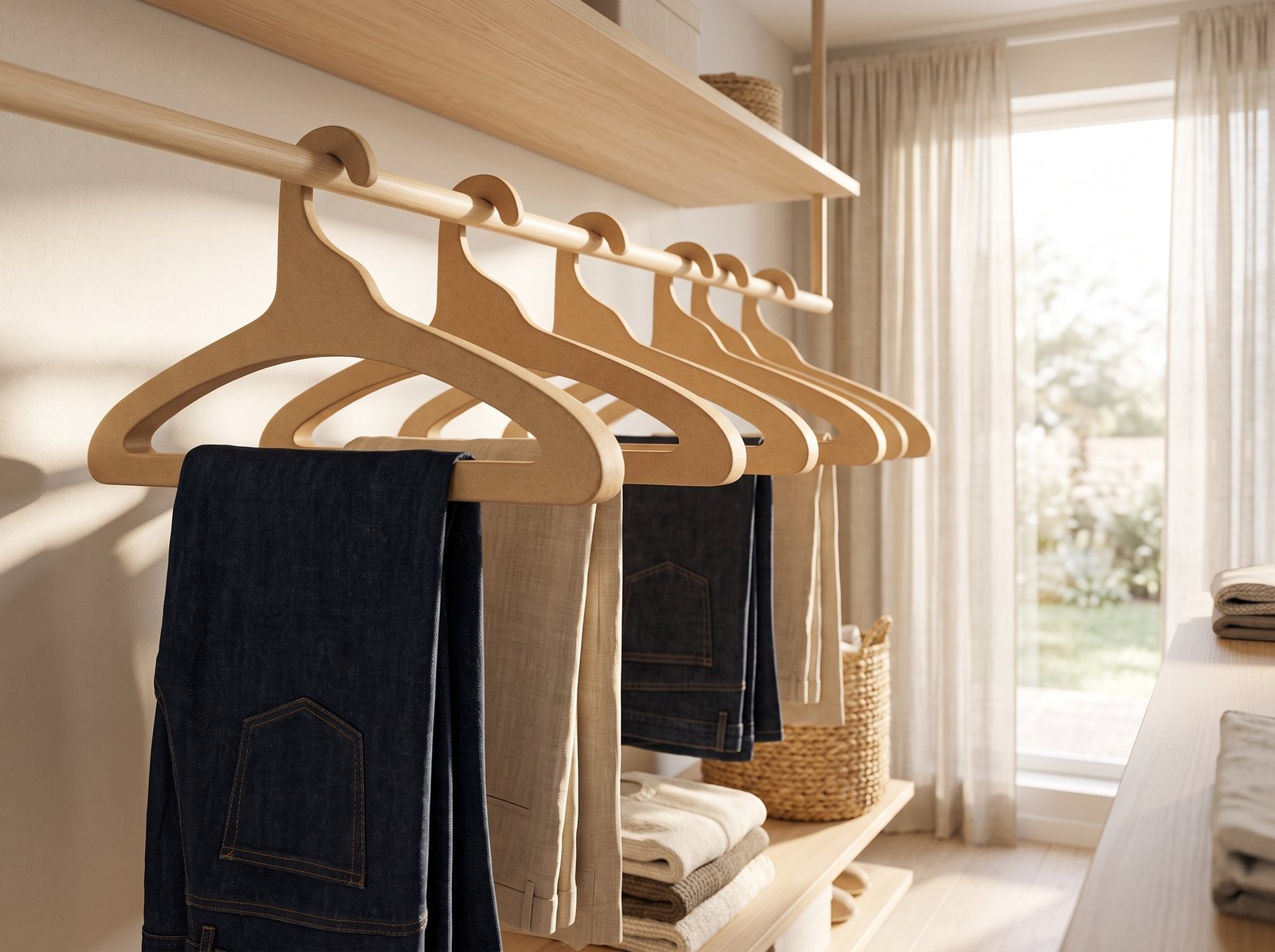 Clóset minimalista con pantalones colgados en ganchos para pantalones