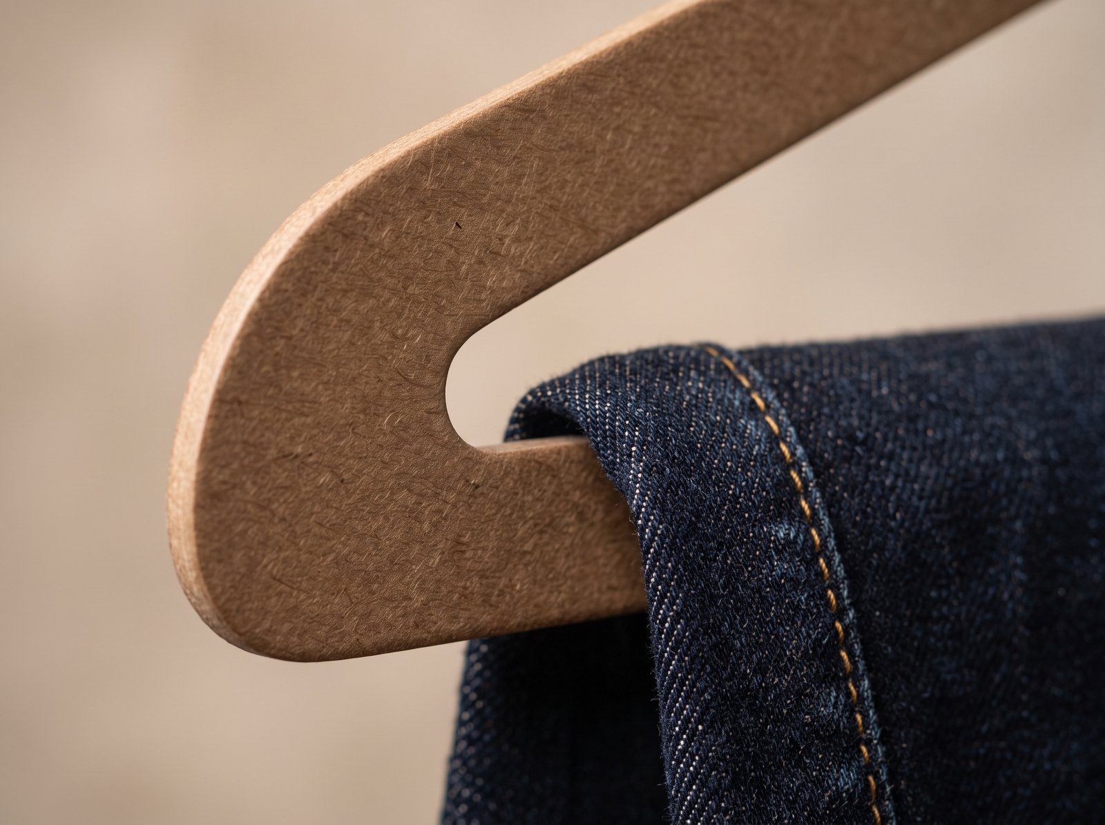 Primer plano de gancho para pantalones de cartón comprimido de 3mm, liso y sin pinzas, sosteniendo suavemente un jean.