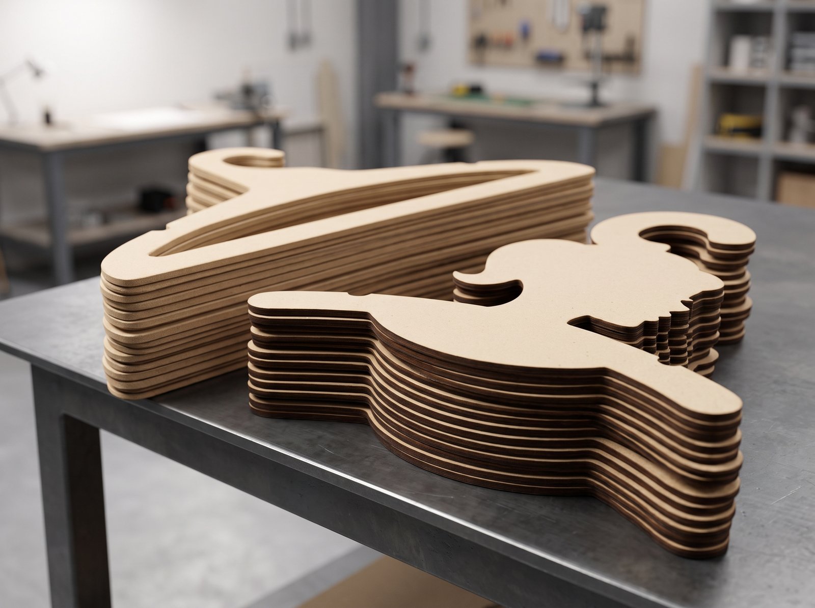 Pila ordenada de ganchos de cartón comprimido tipo madera mostrando precisión de fabricación y grosores.