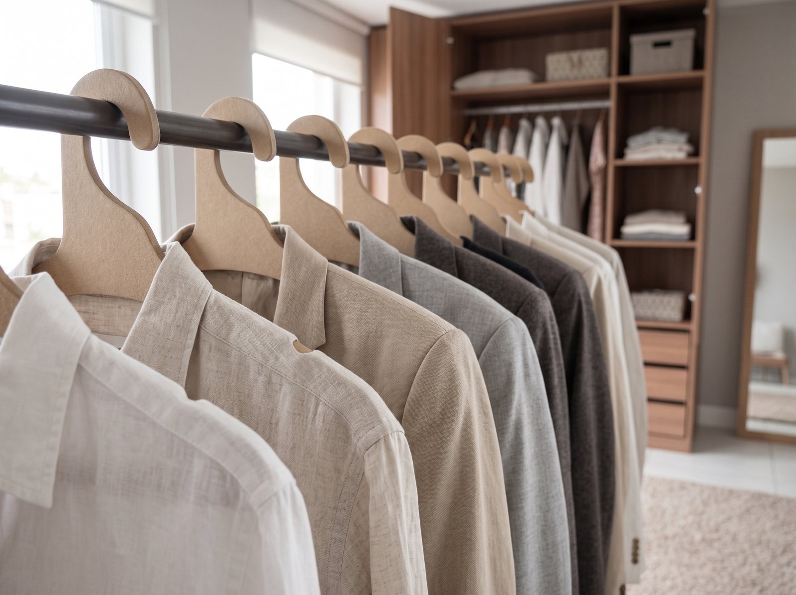 Clóset organizado con ganchos de cartón comprimido tipo madera para ropa, elegantes y uniformes.