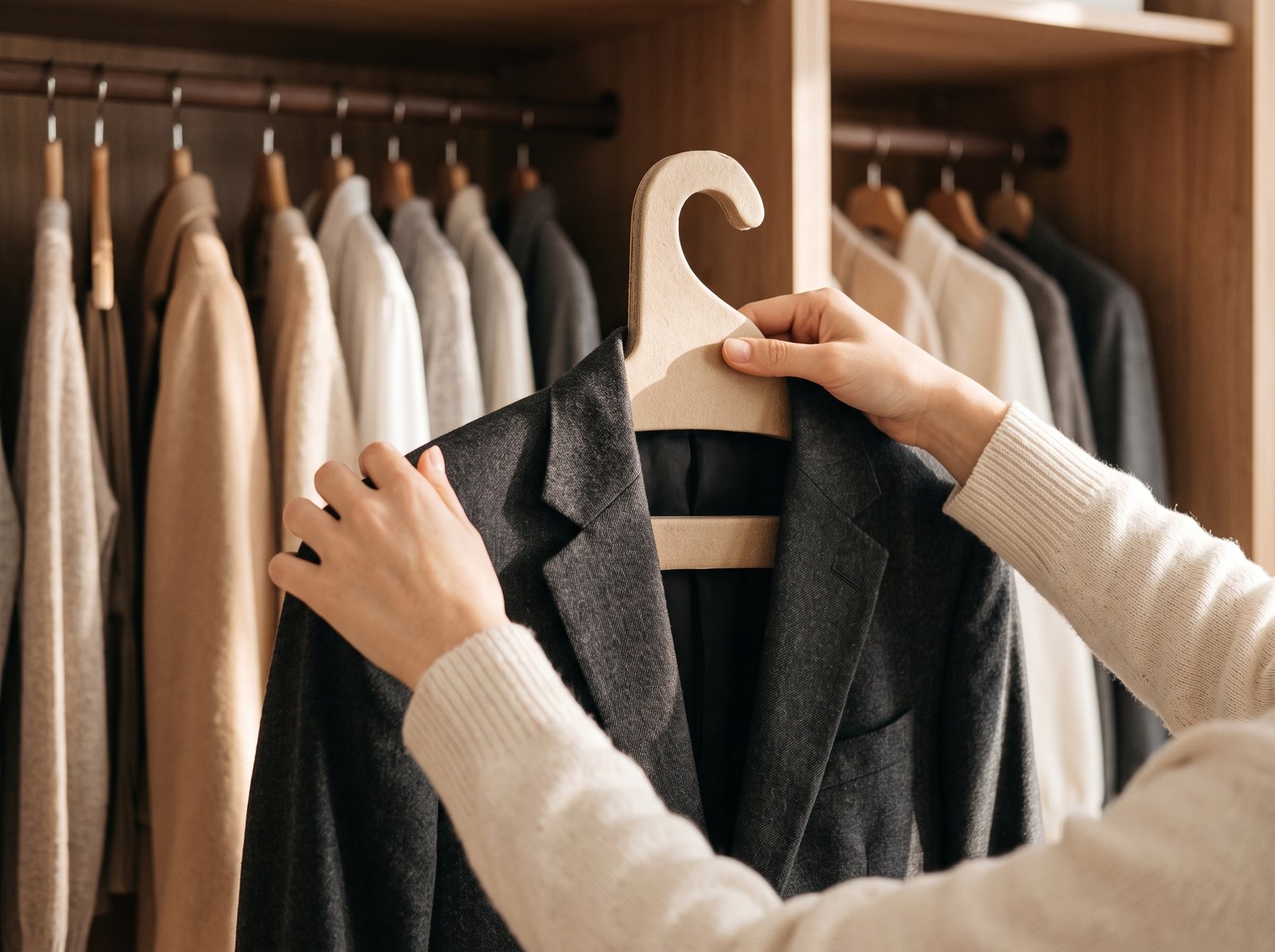 Persona organizando su ropa con ganchos de cartón comprimido tipo madera en un clóset.