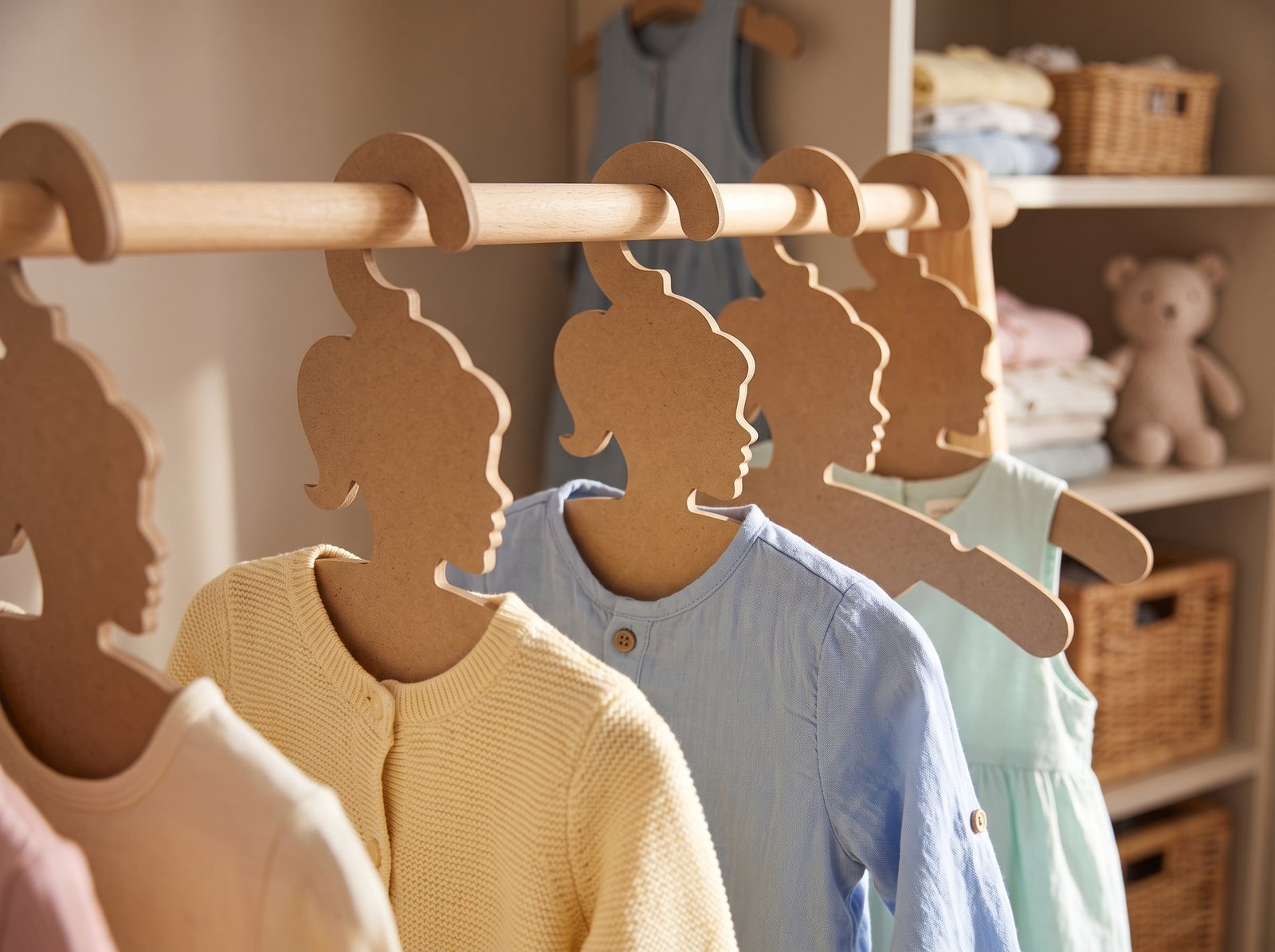 Ganchos de cartón comprimido tipo madera para ropa infantil, seguros y sin astillas.