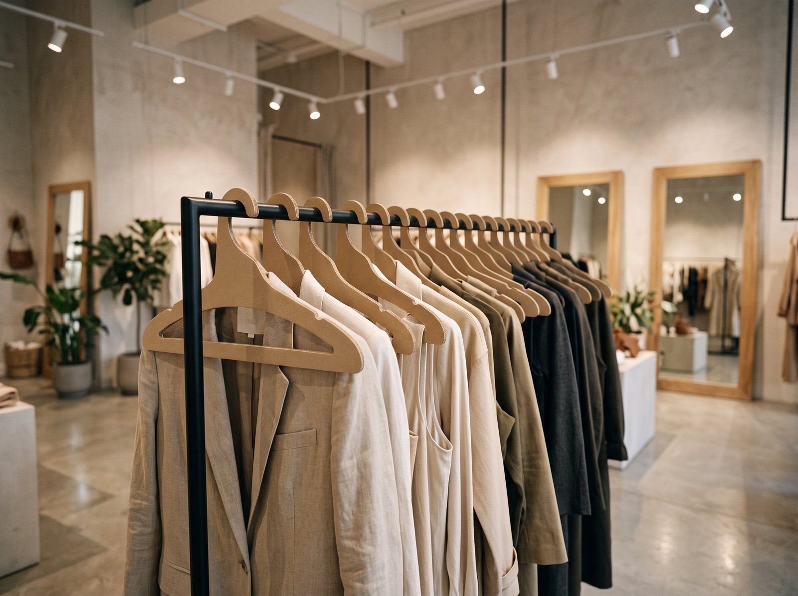 Ganchos de cartón comprimido tipo madera uniformes en perchero de boutique de ropa.