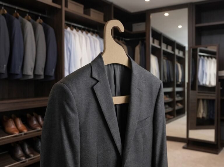 Gancho formal de adulto modelo Functional de cartón kraft con barra inferior recta para pantalones, sosteniendo saco de traje gris
