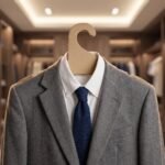 Gancho ecológico de cartón comprimido sosteniendo un outfit completo formal, representando la elección inteligente y sostenible.